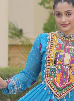 Sky faux georgette bandhni print with kutchi patch work navratri gown 2