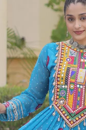 Sky faux georgette bandhni print with kutchi patch work navratri gown