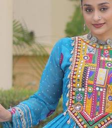 Sky faux georgette bandhni print with kutchi patch work navratri gown