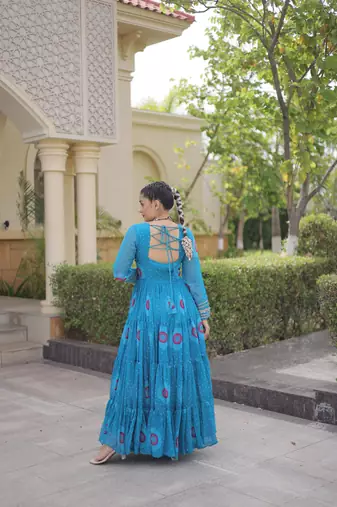 Sky faux georgette bandhni print with kutchi patch work navratri gown
