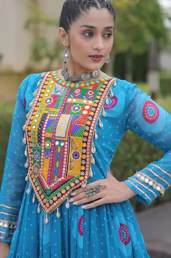 Sky faux georgette bandhni print with kutchi patch work navratri gown