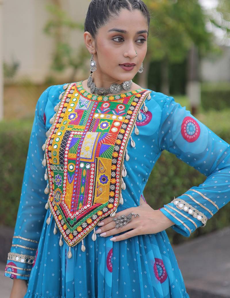Sky faux georgette bandhni print with kutchi patch work navratri gown