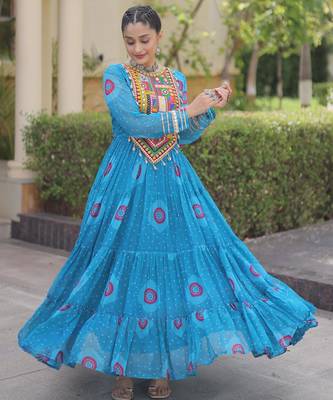 Sky faux georgette bandhni print with kutchi patch work navratri gown 1