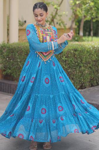 Sky faux georgette bandhni print with kutchi patch work navratri gown