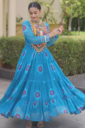 Sky faux georgette bandhni print with kutchi patch work navratri gown