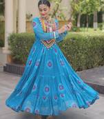 Sky faux georgette bandhni print with kutchi patch work navratri gown