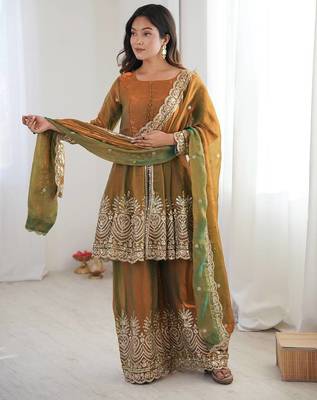 Women's Gorgeous Embroidery Work Fendy Silk Fabric Flared Kurta Palazzo and Dupatta Set 1