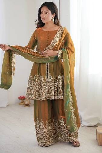 Women's Gorgeous Embroidery Work Fendy Silk Fabric Flared Kurta Palazzo and Dupatta Set