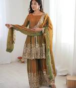 Women's Gorgeous Embroidery Work Fendy Silk Fabric Flared Kurta Palazzo and Dupatta Set