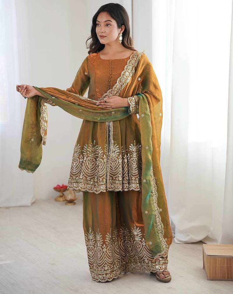 Women's Gorgeous Embroidery Work Fendy Silk Fabric Flared Kurta Palazzo and Dupatta Set