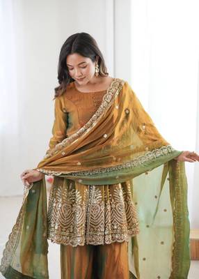 Women's Gorgeous Embroidery Work Fendy Silk Fabric Flared Kurta Palazzo and Dupatta Set 2