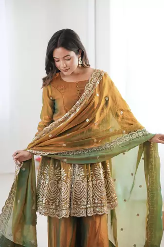 Women's Gorgeous Embroidery Work Fendy Silk Fabric Flared Kurta Palazzo and Dupatta Set