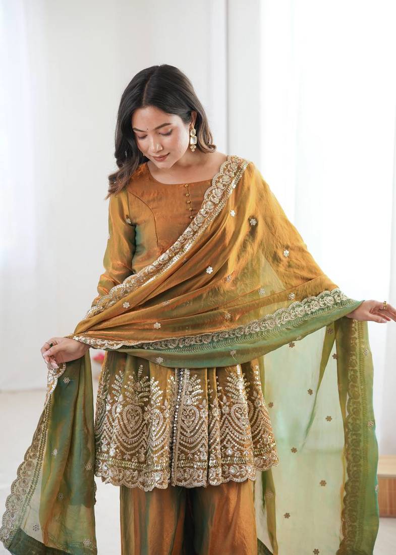 Women's Gorgeous Embroidery Work Fendy Silk Fabric Flared Kurta Palazzo and Dupatta Set