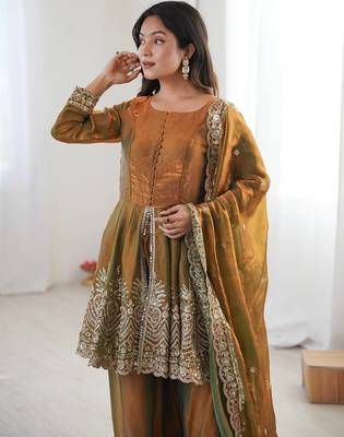 Women's Gorgeous Embroidery Work Fendy Silk Fabric Flared Kurta Palazzo and Dupatta Set 3