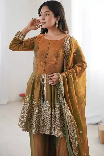Women's Gorgeous Embroidery Work Fendy Silk Fabric Flared Kurta Palazzo and Dupatta Set