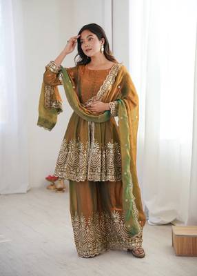 Women's Gorgeous Embroidery Work Fendy Silk Fabric Flared Kurta Palazzo and Dupatta Set 4