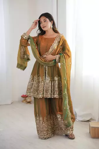 Women's Gorgeous Embroidery Work Fendy Silk Fabric Flared Kurta Palazzo and Dupatta Set
