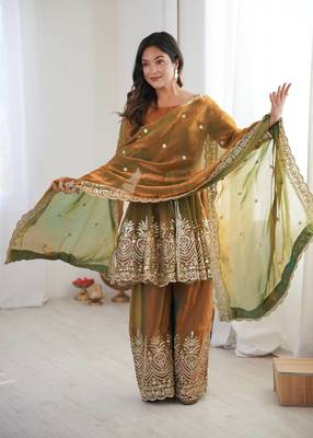 Women's Gorgeous Embroidery Work Fendy Silk Fabric Flared Kurta Palazzo and Dupatta Set 5