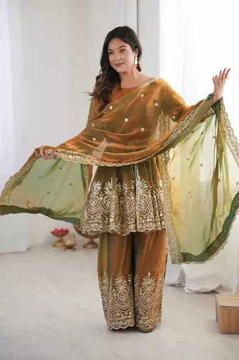Women's Gorgeous Embroidery Work Fendy Silk Fabric Flared Kurta Palazzo and Dupatta Set