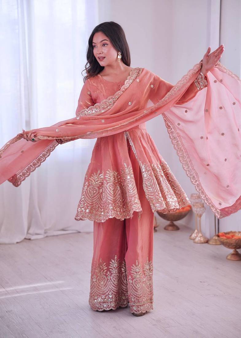 Women's Gorgeous Embroidery Fendy Silk Fabric Flared Kurta Palazzo and Dupatta Set