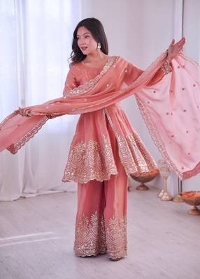 Women's Gorgeous Embroidery Fendy Silk Fabric Flared Kurta Palazzo and Dupatta Set 1