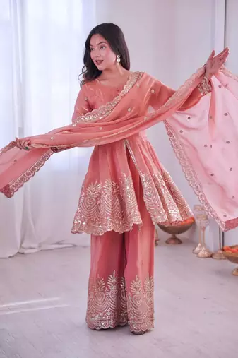 Women's Gorgeous Embroidery Fendy Silk Fabric Flared Kurta Palazzo and Dupatta Set