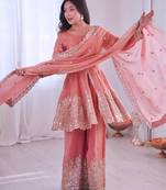 Women's Gorgeous Embroidery Fendy Silk Fabric Flared Kurta Palazzo and Dupatta Set