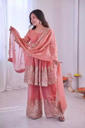 Women's Gorgeous Embroidery Fendy Silk Fabric Flared Kurta Palazzo and Dupatta Set