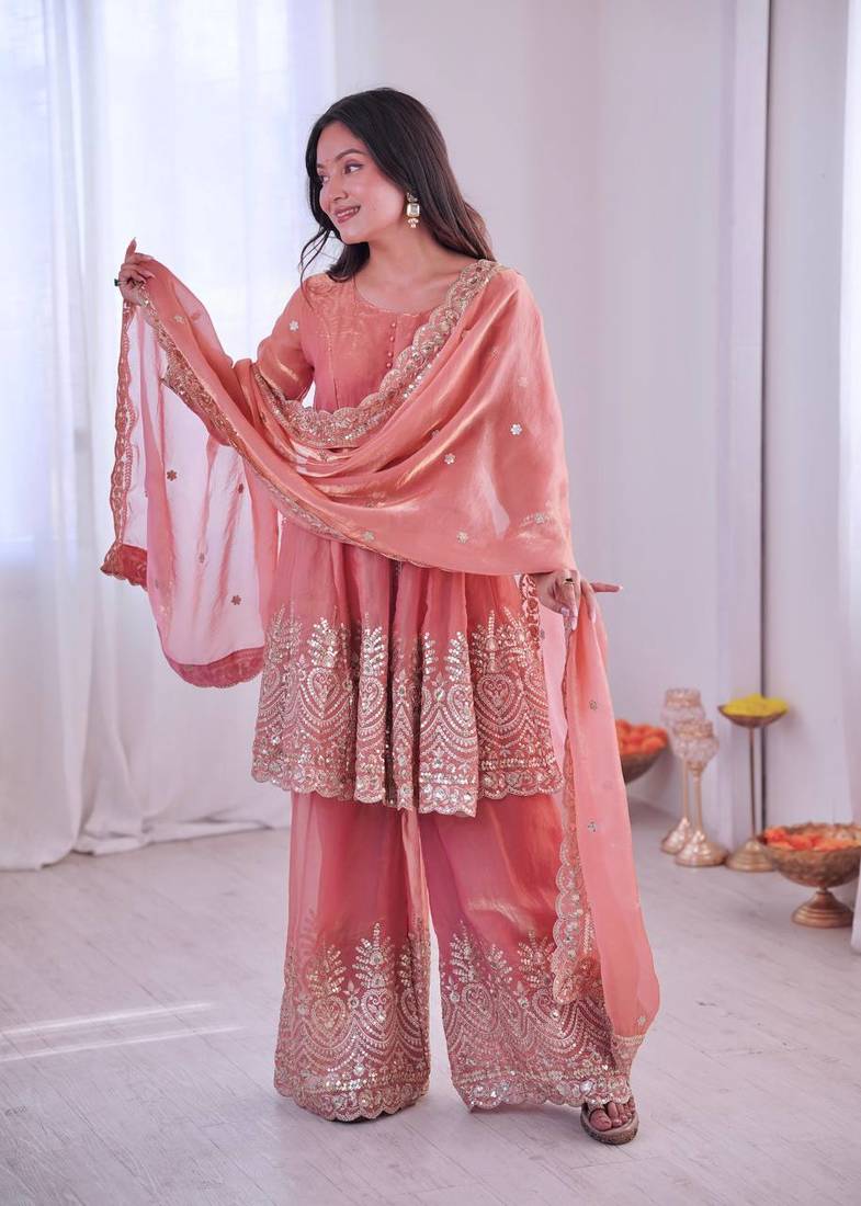 Women's Gorgeous Embroidery Fendy Silk Fabric Flared Kurta Palazzo and Dupatta Set