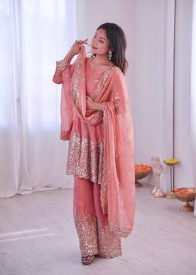 Women's Gorgeous Embroidery Fendy Silk Fabric Flared Kurta Palazzo and Dupatta Set 3