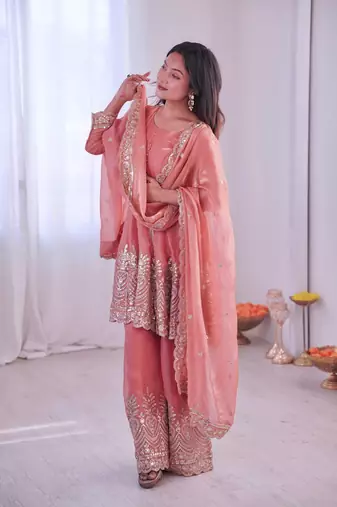 Women's Gorgeous Embroidery Fendy Silk Fabric Flared Kurta Palazzo and Dupatta Set