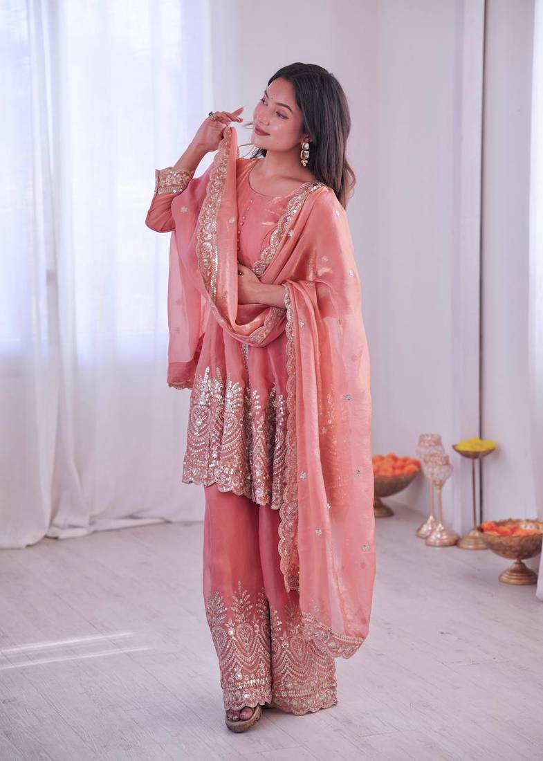 Women's Gorgeous Embroidery Fendy Silk Fabric Flared Kurta Palazzo and Dupatta Set
