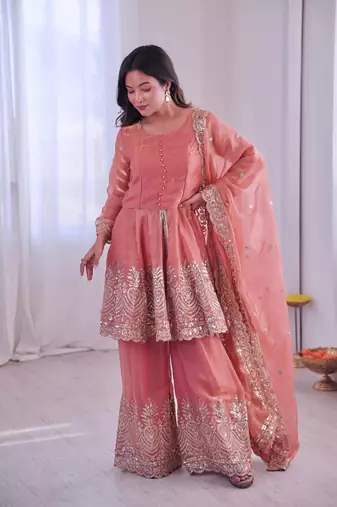 Women's Gorgeous Embroidery Fendy Silk Fabric Flared Kurta Palazzo and Dupatta Set