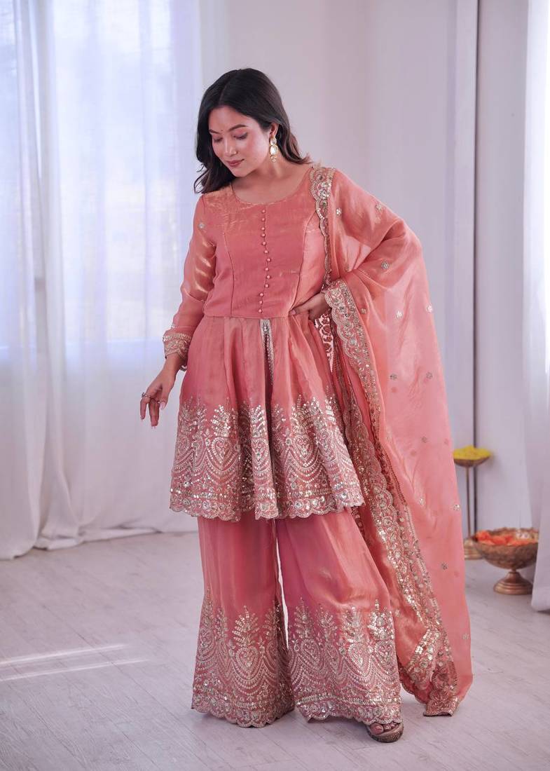 Women's Gorgeous Embroidery Fendy Silk Fabric Flared Kurta Palazzo and Dupatta Set