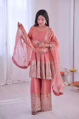 Women's Gorgeous Embroidery Fendy Silk Fabric Flared Kurta Palazzo and Dupatta Set