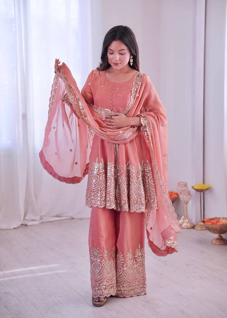 Women's Gorgeous Embroidery Fendy Silk Fabric Flared Kurta Palazzo and Dupatta Set