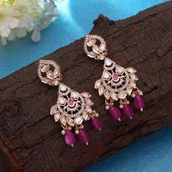 Pink color polki kundan earrings traditional designer style 2