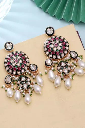 White color meenakari kundan earrings traditional handmade design
