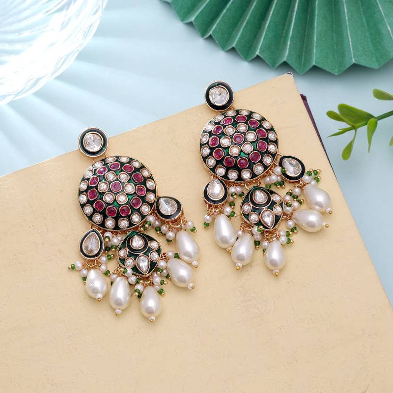 White color meenakari kundan earrings traditional handmade design