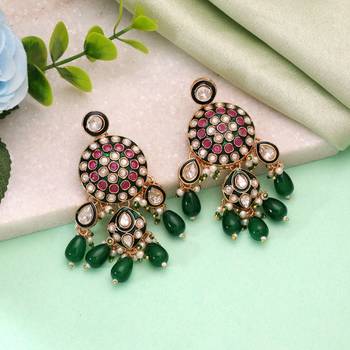 Green color meenakari kundan earrings traditional jewelry design 1