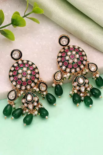 Green color meenakari kundan earrings traditional jewelry design