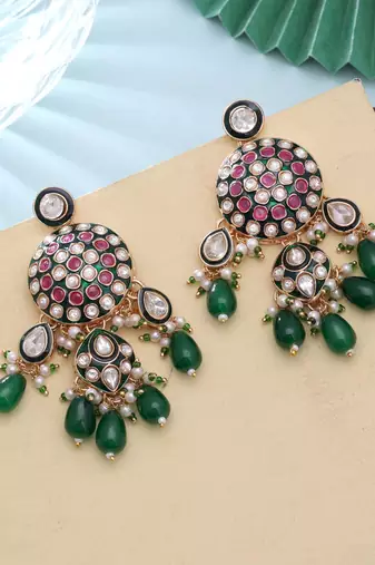 Green color meenakari kundan earrings traditional jewelry design