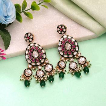 Green color meenakari kundan earrings royal traditional style 1