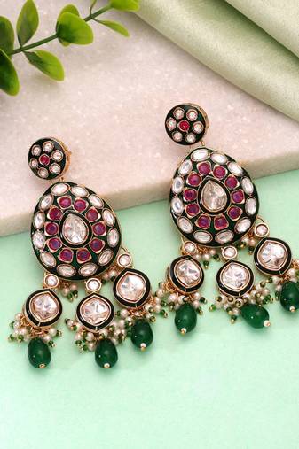 Green color meenakari kundan earrings royal traditional style