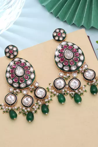 Green color meenakari kundan earrings royal traditional style