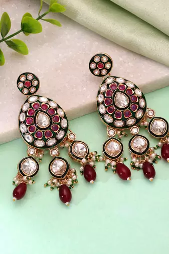 Maroon color meenakari kundan earrings artistic designer style