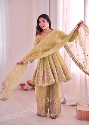 Women's Gorgeous Embroidery Fendy Silk Fabric Flared Kurta Palazzo and Dupatta Set 1