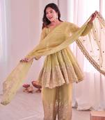 Women's Gorgeous Embroidery Fendy Silk Fabric Flared Kurta Palazzo and Dupatta Set