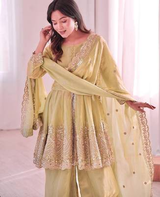 Women's Gorgeous Embroidery Fendy Silk Fabric Flared Kurta Palazzo and Dupatta Set 2
