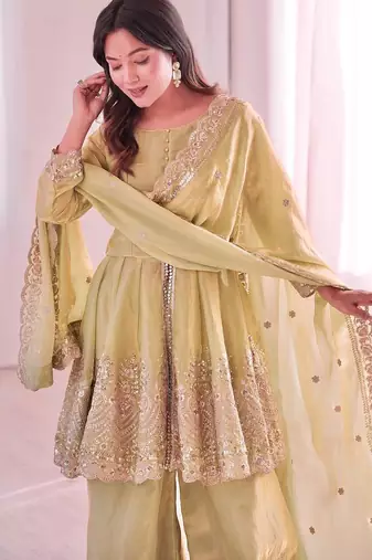 Women's Gorgeous Embroidery Fendy Silk Fabric Flared Kurta Palazzo and Dupatta Set
